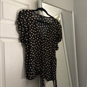 AUW Black and White Flutter Sleeve Blouse with Tie Front